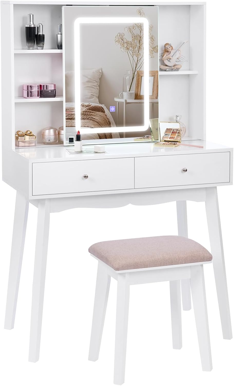 IZYHOME Small Vanity Desk with Mirror and Lights,Makeup Vanity with Lights,Vanity Table with Cabinet & 2 Drawers