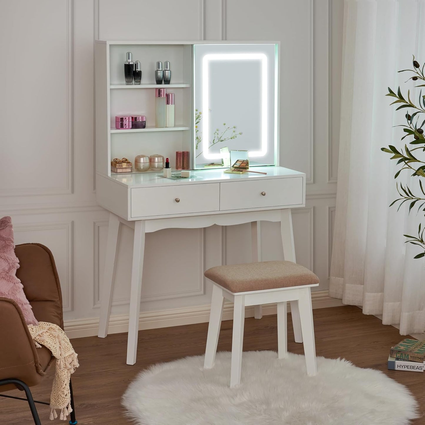 IZYHOME Small Vanity Desk with Mirror and Lights,Makeup Vanity with Lights,Vanity Table with Cabinet & 2 Drawers