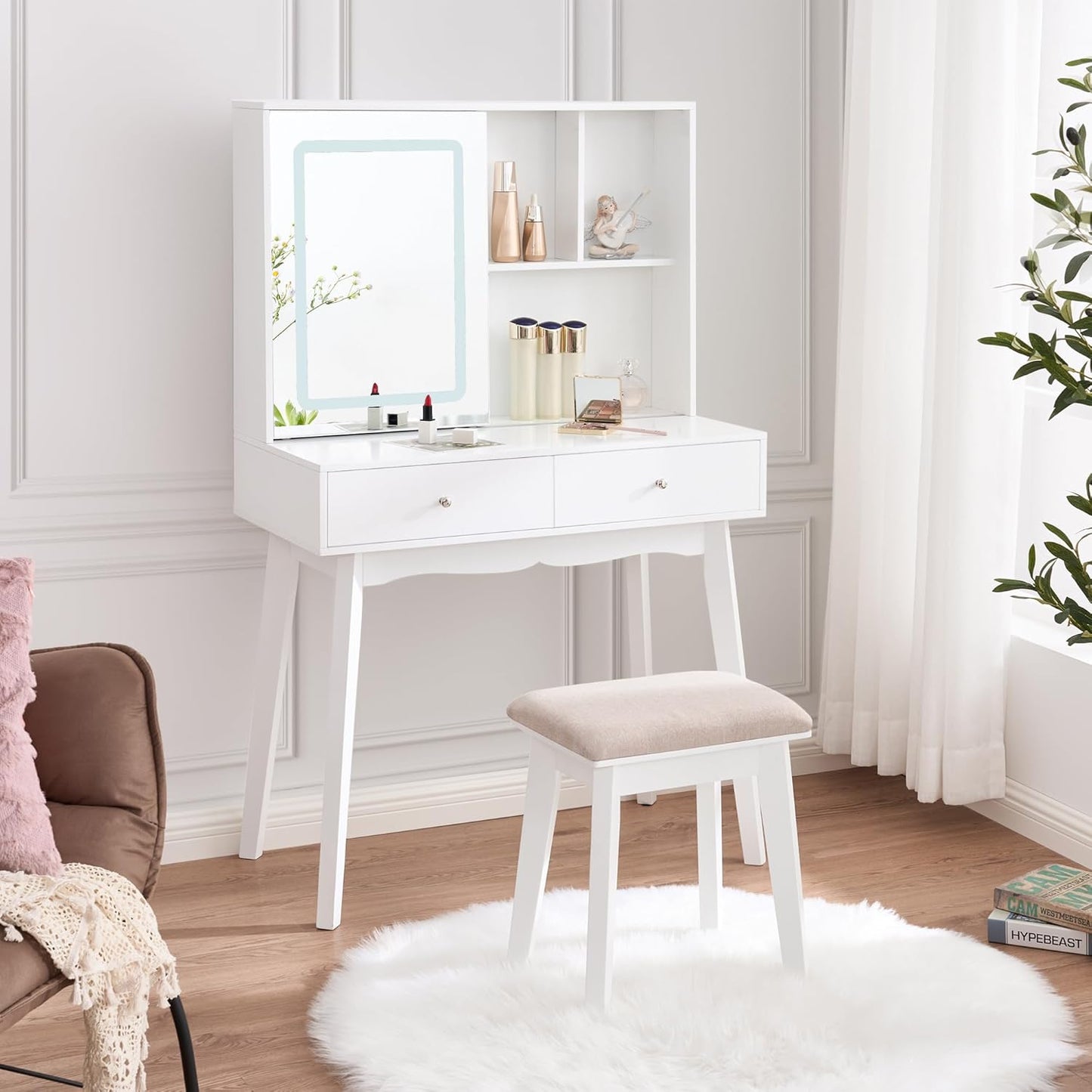 IZYHOME Small Vanity Desk with Mirror and Lights,Makeup Vanity with Lights,Vanity Table with Cabinet & 2 Drawers