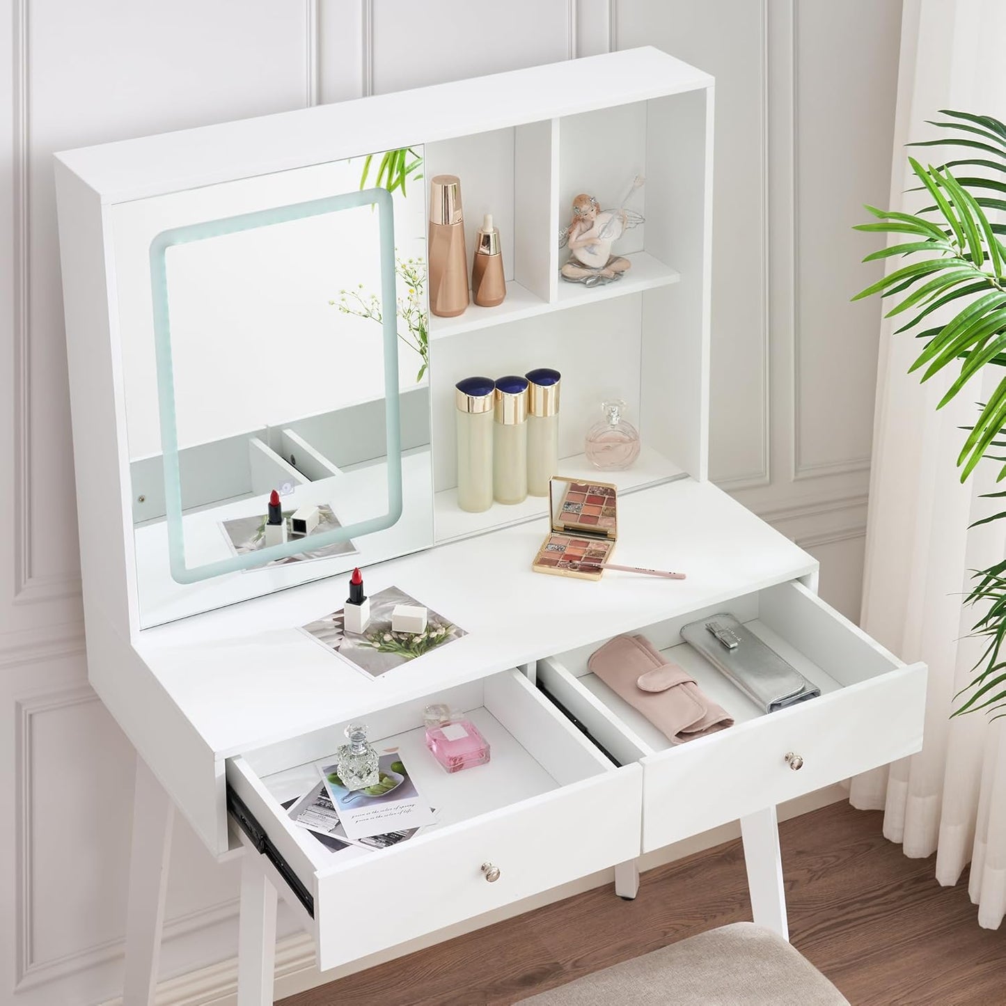 IZYHOME Small Vanity Desk with Mirror and Lights,Makeup Vanity with Lights,Vanity Table with Cabinet & 2 Drawers