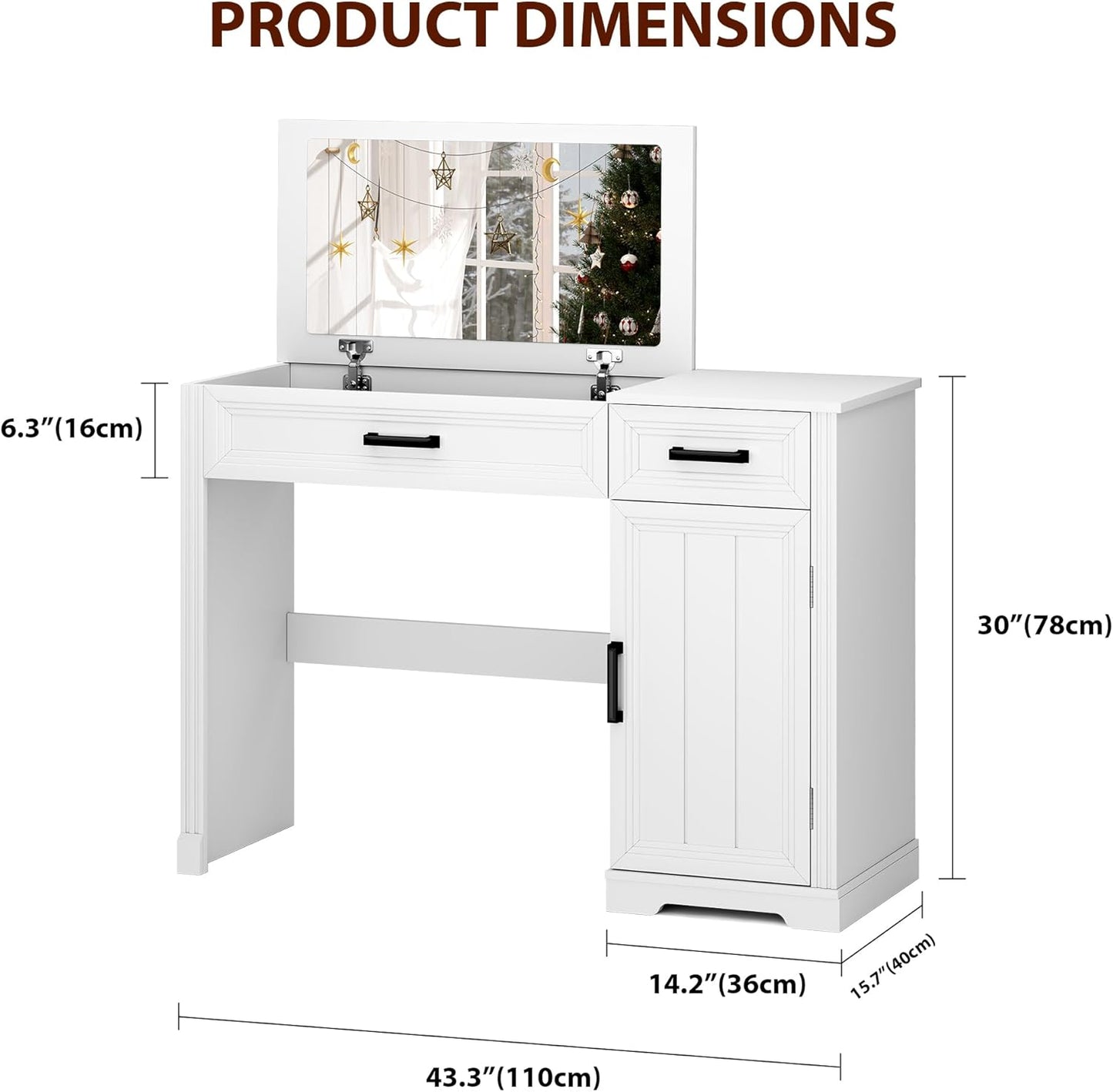 IZYHOME Farmhouse Vanity Desk with Flip Top Mirror, 43.3" W Makeup Vanity with Drawers, Storage Cabinet