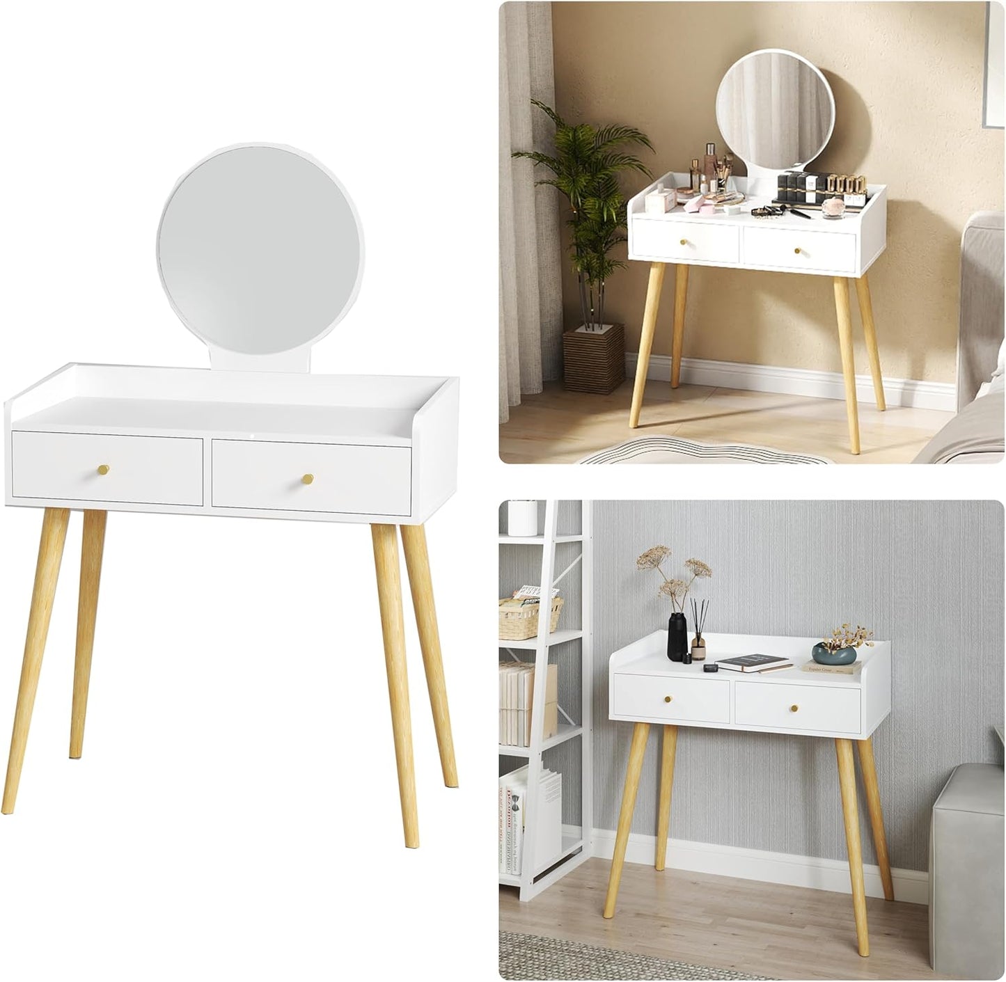 IZYHOME White Vanity Desk with Mirror: 31" Wood Bedroom Makeup Vanity with Storage, Small Space Make Up Tables