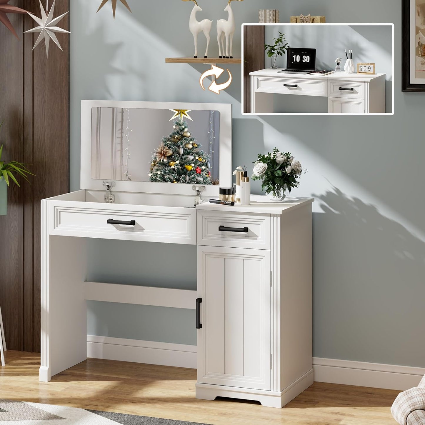 IZYHOME Farmhouse Vanity Desk with Flip Top Mirror, 43.3" W Makeup Vanity with Drawers, Storage Cabinet