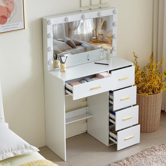 IZYHOME Makeup Vanity Desk with Lights,Black Vanity with Lighted Mirror,Vanity Desk with 2 Storage Drawers