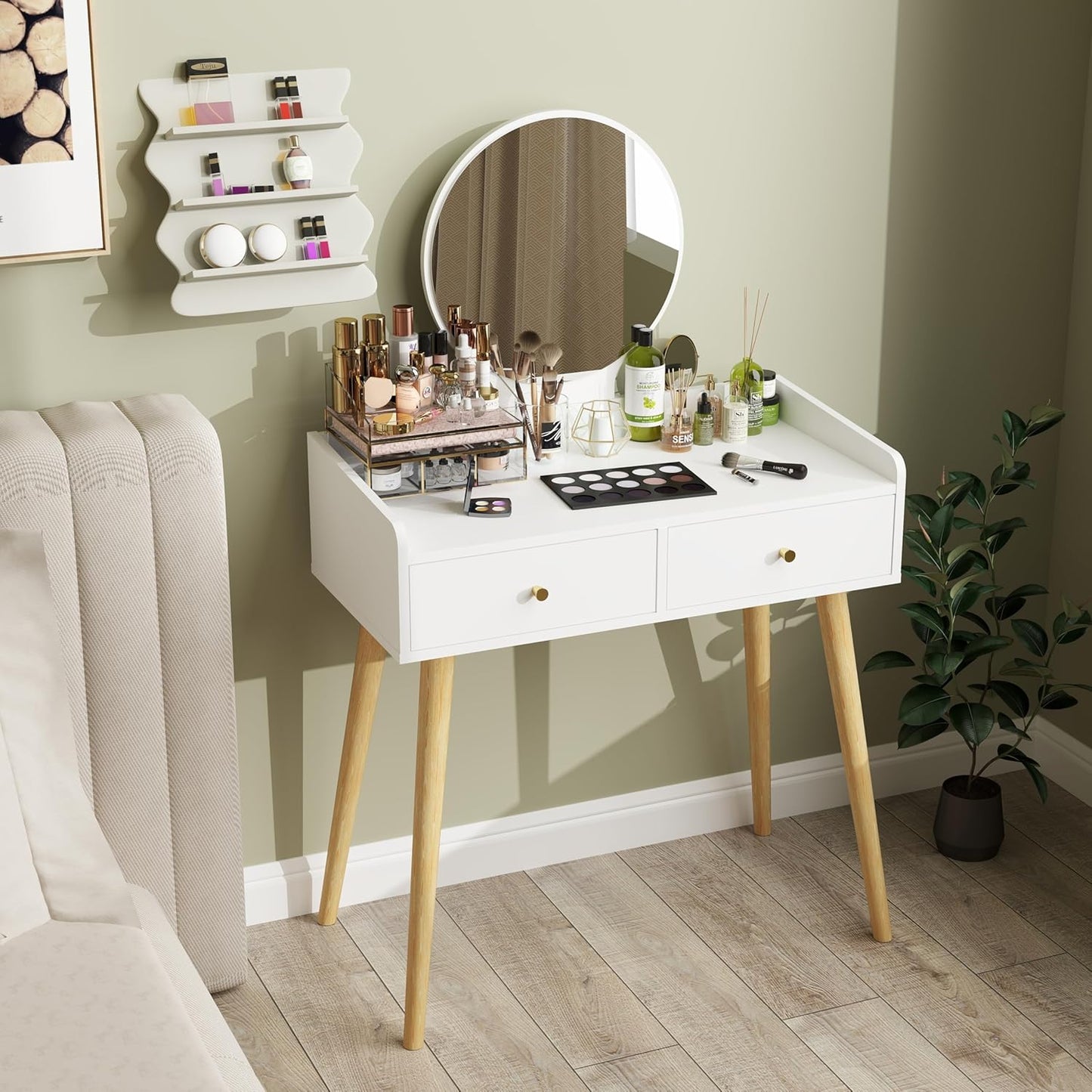 IZYHOME White Vanity Desk with Mirror: 31" Wood Bedroom Makeup Vanity with Storage, Small Space Make Up Tables