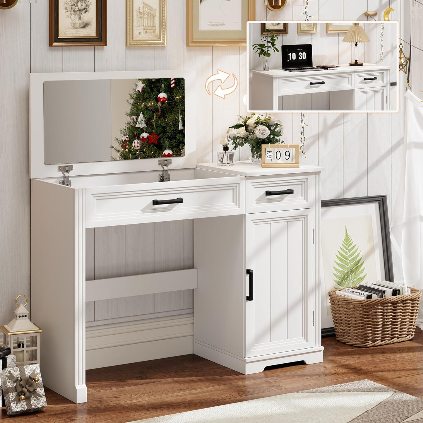 IZYHOME Farmhouse Vanity Desk with Flip Top Mirror, 43.3" W Makeup Vanity with Drawers, Storage Cabinet