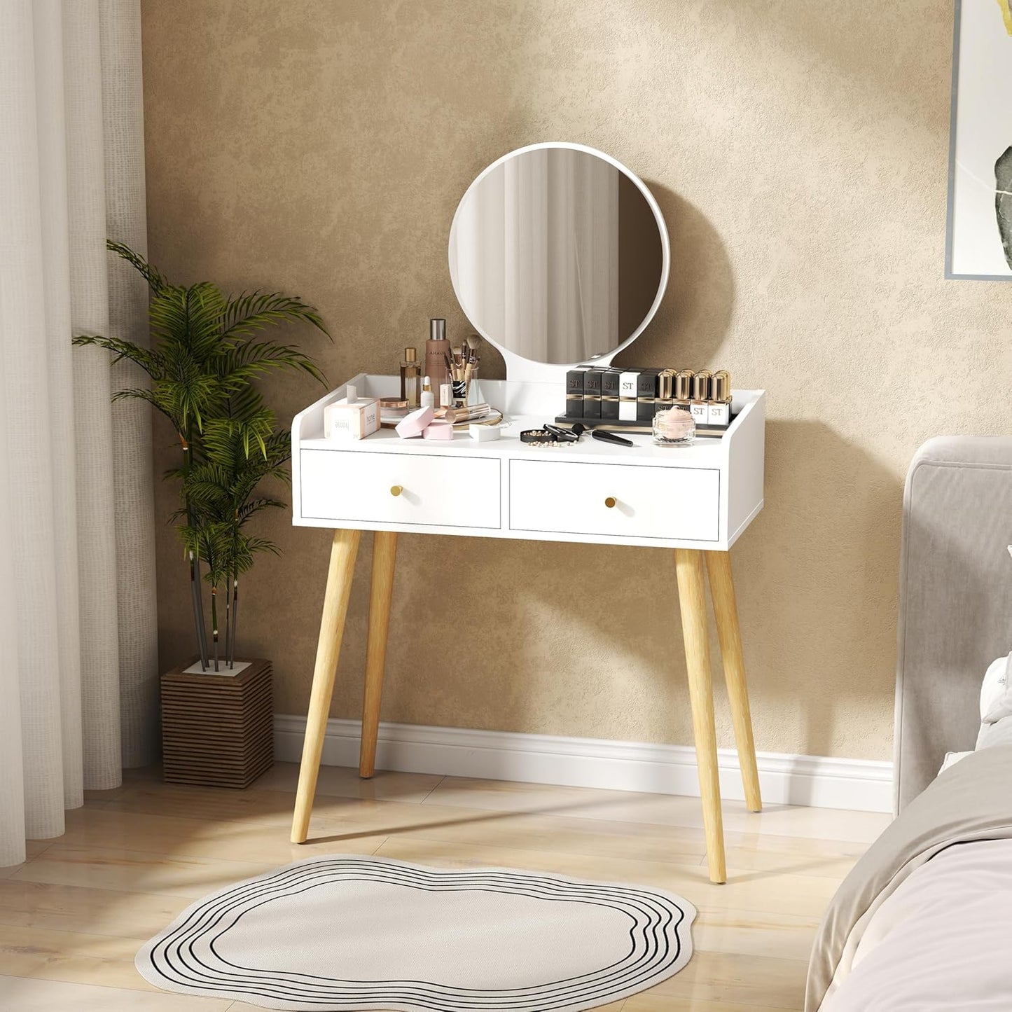 IZYHOME White Vanity Desk with Mirror: 31" Wood Bedroom Makeup Vanity with Storage, Small Space Make Up Tables