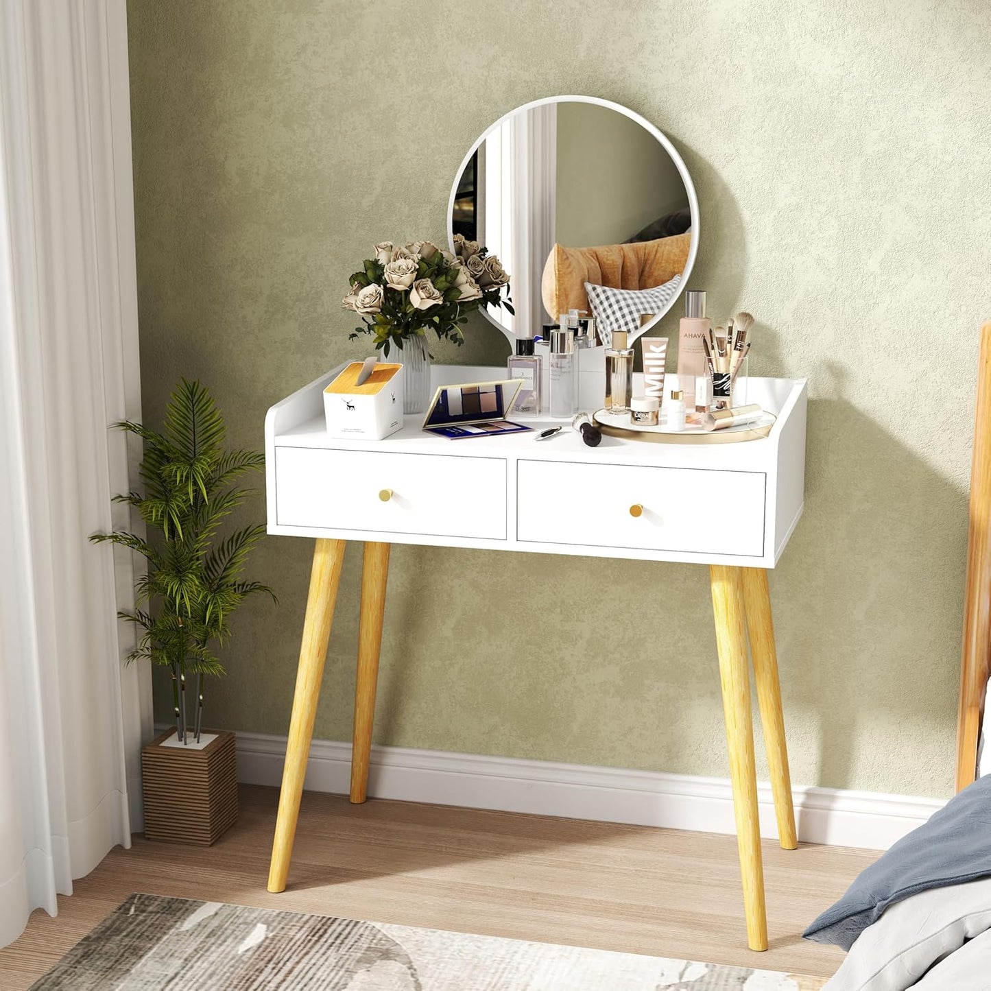 IZYHOME White Vanity Desk with Mirror: 31" Wood Bedroom Makeup Vanity with Storage, Small Space Make Up Tables