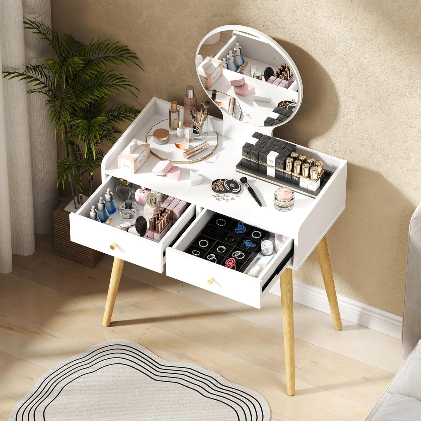 IZYHOME White Vanity Desk with Mirror: 31" Wood Bedroom Makeup Vanity with Storage, Small Space Make Up Tables