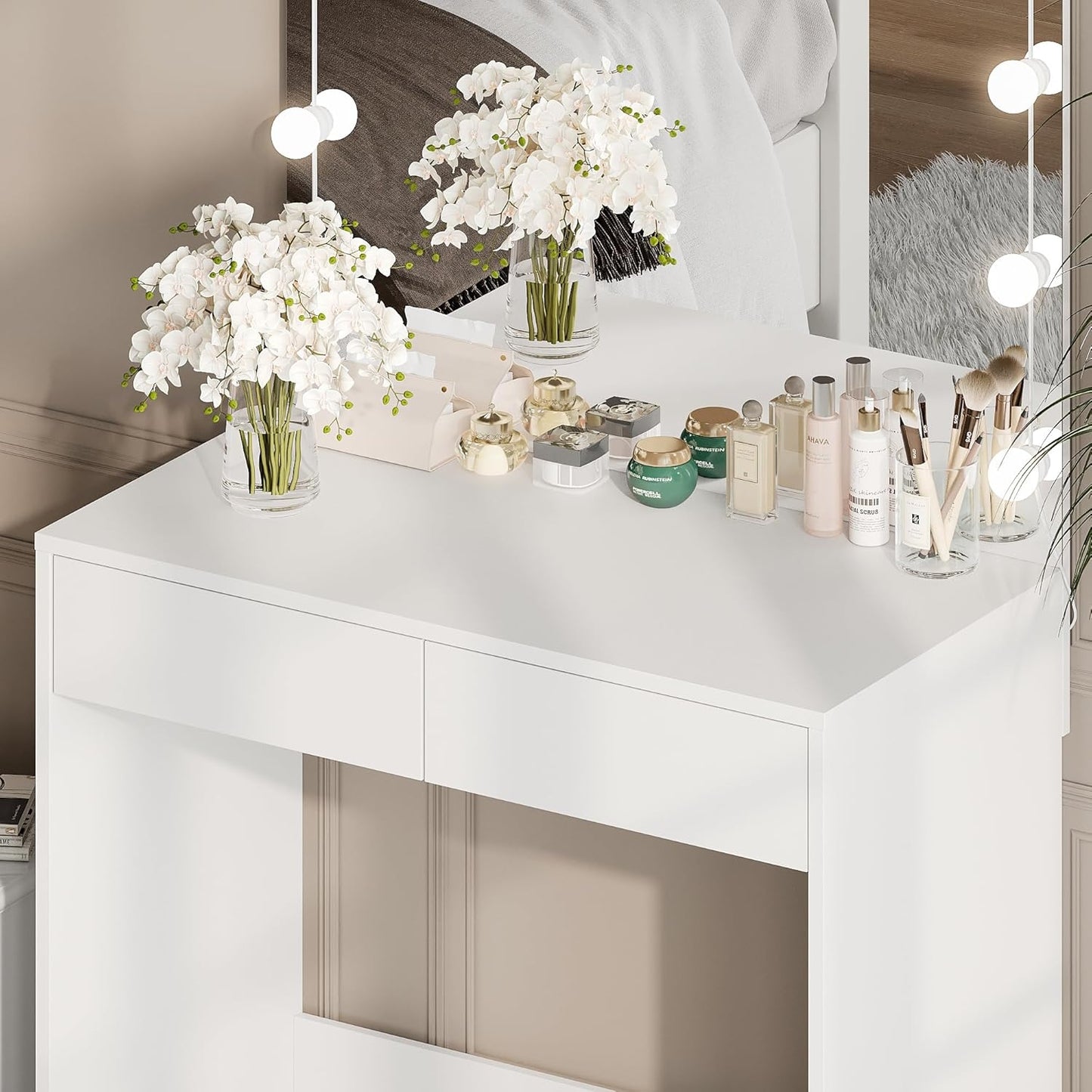 IZYHOME Vanity Desk with Large Mirror and Lights, 35.1 Inch Makeup Vanity Table with 3 Lighting Color