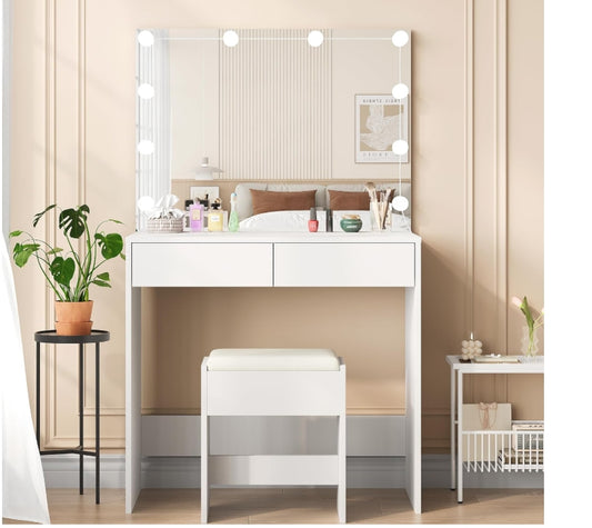 IZYHOME Vanity Desk with Large Mirror and Lights, 35.1 Inch Makeup Vanity Table with 3 Lighting Color